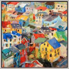 Paragon 7143 - Reykjavik Rooftops Framed Art, Blue, Yellow, Gray, Silver Frame Color, 37"W 7143