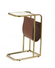 Maitland-Smith 8384-32 - Alaska Side Table, Satin Brass, White Marble Top, Brown Leather Sleeve, 24"H 8384-32