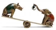 Maitland-Smith 89-1806 - Circus See-Saw Sculpture, Red, Green, Brass, 14.25"W 89-1806