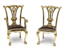 Maitland-Smith 89-1807 - Miniature Chairs Sculpture, Brass, Brown Leather, 3.75"W 89-1807