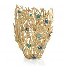 John-Richard JRA-14451 - Embellished Frond Vase, Brass, Blue & Green Stones, 16&34;H JRA-14451