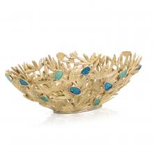 John-Richard JRA-14452 - Embellished Frond Bowl, Brass, Blue & Green Stones, 19.5&34;W JRA-14452