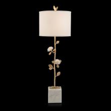 John-Richard JRL-9859 - ue Brass, White Marble Base, Off-White Linen Round Shade, 38.5&34;H JRL-9859