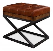 Sarreid 26755 - Leather Cushion Bench, Small, Brown Leather, Fruitwood, Iron Frame, 22"W 26755