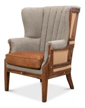 Sarreid 28905 - Marburg Accent Chair, Gray, Brown Leather, Linen, Wood, 43"H 28905