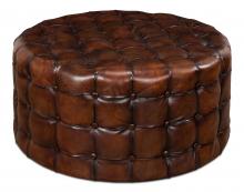 Sarreid 29549 - Tufted English Ottoman, Round, Antique Brown Leather, 16"H 29549