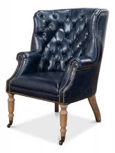 Sarreid 29727 - Welsh Accent Chair, Chateau Blue Leather, Wood Legs, 40"H 29727