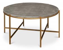 Sarreid 52634 - Shagreen Coffee Table, Round, Gray, Antique Brass Frame, 34"W 52634