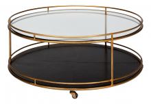 Sarreid 53138 - Trolley Cocktail Table, Clear Glass Top, Black Leather Base, Antique Gold Frame, 42"W