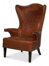 Sarreid 53906 - Drake Distilled Accent Chair, Brown Leather, Dark Wood Legs, 47"H 53906